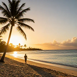 Caribbean Holidays, March Wellness, Quiet golden beach on Saint Kitts at sunrise, calm turquoise water, palm trees and a relaxed traveller walking beside the shore