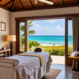 Caribbean Holidays, March Wellness, Quiet tropical spa treatment room in the Caribbean with natural materials, open windows and a view towards the sea