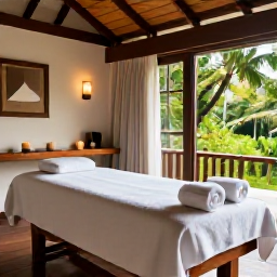 Caribbean Holidays, March Wellness, Relaxing spa treatment room in a Caribbean resort on Nevis, natural wood, soft towels, candles and views of tropical greenery