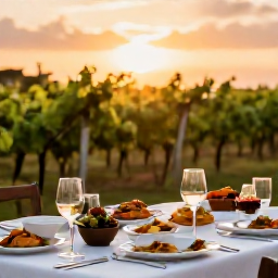 Caribbean Holidays, March Wine Holidays, A beautifully set outdoor dinner beside a Caribbean vineyard at sunset, with wine glasses, local dishes and warm evening light