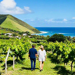 Caribbean Holidays, March Wine Holidays, A couple walking between Caribbean vineyards and a coastal viewpoint, with bright March sunshine, green hills and the ocean beyond