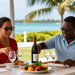 Caribbean Holidays, March Wine Holidays, Friendly wine experts pouring samples for visitors at a Caribbean tasting, with local food, elegant glasses and tropical scenery
