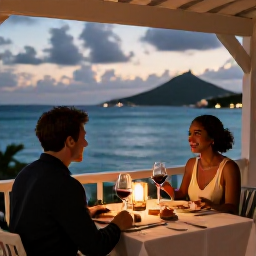 Caribbean Holidays, March Wine Tasting, Couple enjoying dinner and wine on a candlelit terrace overlooking the sea in Saint Barth&eacute;lemy