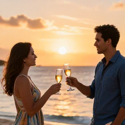 Caribbean Holidays, March Wine Tasting, Couple sharing sparkling wine during a Caribbean sunset on a beach in the United States Virgin Islands