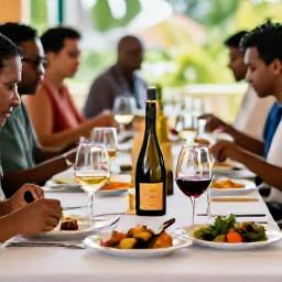 Caribbean Holidays, March Wine Tasting, Elegant wine tasting table at a Trinidad restaurant, featuring white and red wines, tropical dishes and friendly local guests