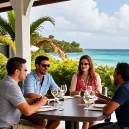 Caribbean Holidays, March Wine Tasting, Friends enjoying a relaxed wine tasting at a boutique hotel terrace on Saint John, surrounded by tropical greenery and turquoise water