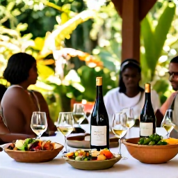 Caribbean Holidays, March Wine Tasting, Outdoor wine tasting in a lush Trinidad and Tobago garden, with local food, tasting glasses and relaxed Caribbean sunshine