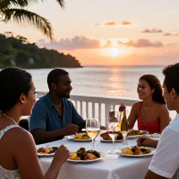Caribbean Holidays, March Wine Tasting, Relaxed Caribbean evening wine tasting on a hotel terrace in Trinidad and Tobago, with sunset sea views and small plates