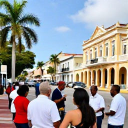 Caribbean Holidays, March Wine Tasting, Visitors exploring Port of Spain after a wine tasting, with colonial buildings, palm trees and busy Caribbean street life