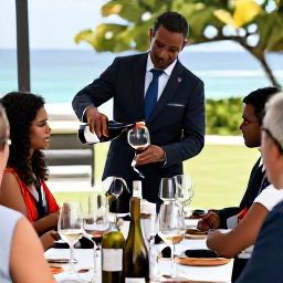 Caribbean Holidays, March Wine Tasting, Wine expert pouring French wine for guests at an intimate outdoor tasting in Saint Barth&eacute;lemy