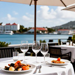 Caribbean Holidays, March Wine Tasting, Wine glasses and Caribbean seafood at a stylish restaurant terrace overlooking the harbour in Charlotte Amalie, Saint Thomas