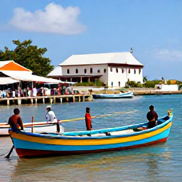 Caribbean Holidays, Maritime Museums, Colourful Caribbean fishing boats beside a historic waterfront, with local fishermen, market stalls and a maritime museum in the background