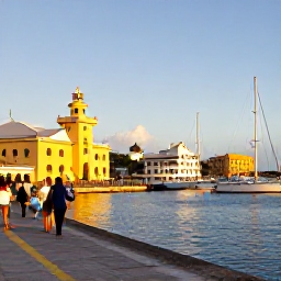 Caribbean Holidays, Maritime Museums, Golden evening view of a Caribbean harbour with museum visitors walking along the waterfront, historic buildings and moored boats
