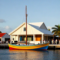 Caribbean Holidays, Maritime Museums, Historic Caribbean harbour with colourful wooden boats, a maritime museum building and visitors exploring the waterfront in warm afternoon light