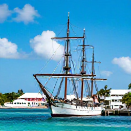 Caribbean Holidays, Maritime Museums, Visitors touring a restored historic sailing vessel moored at a Caribbean harbour, with turquoise water, tropical buildings and bright skies