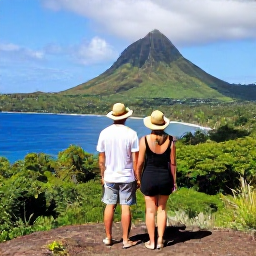 Caribbean Holidays, Martinique Adults Only, Couple enjoying a scenic coastal viewpoint in Martinique, with lush volcanic hills, tropical forest and blue sea in the distance