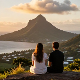 Caribbean Holidays, Martinique Adults Only, Couple enjoying a sunset viewpoint over Martinique&rsquo;s green mountains and Caribbean coastline, warm evening light and relaxed atmosphere