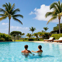 Caribbean Holidays, Martinique Adults Only, Couple relaxing beside a quiet infinity pool at an adults-only resort in Martinique, with tropical greenery and a bright Caribbean sky