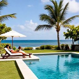 Caribbean Holidays, Martinique Adults Only, Couple relaxing beside a quiet Martinique swimming pool with tropical gardens and a view towards the Caribbean Sea