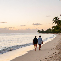 Caribbean Holidays, Martinique Adults Only, Couple walking along a quiet white-sand beach in Martinique at sunset, with calm Caribbean water and soft golden light
