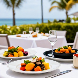 Caribbean Holidays, Martinique Adults Only, Elegant Martinique restaurant serving Creole seafood, colourful vegetables and French-inspired dishes on a shaded terrace