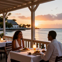 Caribbean Holidays, Martinique Adults Only, Elegant waterfront restaurant in Martinique at sunset, with a couple dining outdoors, local dishes and gentle sea views