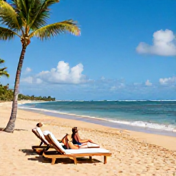 Caribbean Holidays, Martinique Adults Only July, A golden sandy Martinique beach in July with two sun loungers, palm trees, gentle waves and a couple relaxing beside the sea