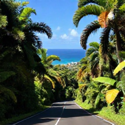 Caribbean Holidays, Martinique Adults Only July, A scenic Martinique hillside road through lush tropical forest overlooking the Caribbean Sea, photographed in bright July sunshine