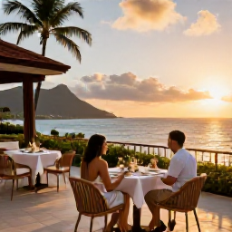 Caribbean Holidays, Martinique Adults Only July, An elegant adults-only hotel terrace in Martinique at sunset, with a couple enjoying dinner overlooking the Caribbean Sea