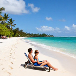 Caribbean Holidays, Martinique Adults Only May, Couple relaxing on a sandy Martinique beach in May, with clear turquoise water, loungers and tropical vegetation