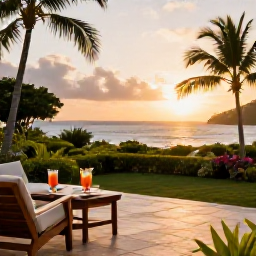 Caribbean Holidays, Martinique Adults Only May, Elegant adults-only resort terrace in Martinique at sunset, with two drinks, tropical garden and ocean view