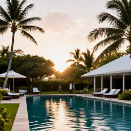 Caribbean Holidays, Martinique Adults Only, Peaceful adults-only hotel pool surrounded by tropical greenery in Martinique at sunset