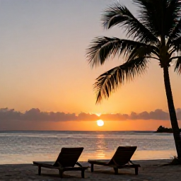 Caribbean Holidays, Martinique Adults Only, Romantic sunset over a quiet Martinique beach with two comfortable loungers and palm silhouettes