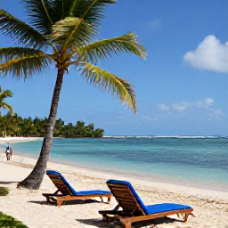 Caribbean Holidays, Martinique Adults Only, Secluded Martinique beach with two sun loungers, calm turquoise water, palm trees and a couple walking along the shoreline