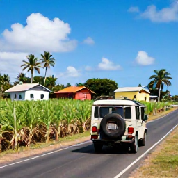 Caribbean Holidays, Martinique Adventure, A 4x4 vehicle travelling along a scenic Martinique road past sugar cane fields, palm trees and traditional colourful houses