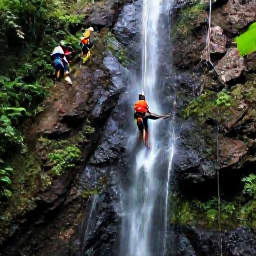 Caribbean Holidays, Martinique Adventure, A canyoning group descending a small waterfall in Martinique's tropical rainforest, surrounded by lush vegetation and volcanic rock