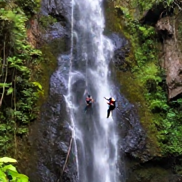 Caribbean Holidays, Martinique Adventure, A canyoning group descending a waterfall in the green rainforest of northern Martinique