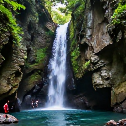 Caribbean Holidays, Martinique Adventure, A canyoning group in Martinique walking through a rainforest gorge beside a clear waterfall