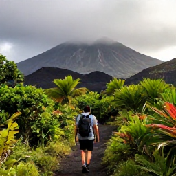 Caribbean Holidays, Martinique Adventure, A hiker crossing a lush tropical trail near Mount Pel&eacute;e in Martinique, with dramatic volcanic scenery and soft August light