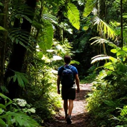 Caribbean Holidays, Martinique Adventure, A hiker following a lush mountain trail through Martinique&rsquo;s tropical rainforest in bright May sunshine