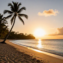 Caribbean Holidays, Martinique Adventure, A quiet Martinique beach at sunset in November with golden sand, palm trees and calm Caribbean water