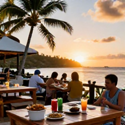 Caribbean Holidays, Martinique Adventure, A relaxed beachfront restaurant in Martinique at sunset, with Creole food, local drinks and travellers enjoying an evening after outdoor activities