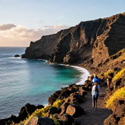Caribbean Holidays, Martinique Adventure, A rugged Martinique coastline at sunrise, with turquoise water, volcanic cliffs and a small hiking group on a coastal trail