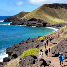 Caribbean Holidays, Martinique Adventure, A rugged Martinique coastline in November with turquoise water, volcanic hills and a small hiking group exploring a scenic trail