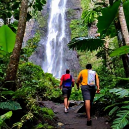 Caribbean Holidays, Martinique Adventure, Adventurous walkers crossing a forest trail beside a waterfall in northern Martinique, surrounded by dense tropical vegetation