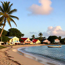 Caribbean Holidays, Martinique Adventure, Colourful coastal village, palm-fringed beach and small fishing boats in Martinique at golden hour