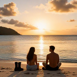 Caribbean Holidays, Martinique Adventure, Couple relaxing at a small Martinique beach after an active day, hiking boots nearby, sunset over calm Caribbean sea