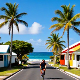 Caribbean Holidays, Martinique Adventure, Cyclist riding along a scenic coastal road in Martinique, palm trees, colourful houses and blue Caribbean sea
