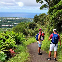 Caribbean Holidays, Martinique Adventure, Hikers exploring a lush volcanic trail on Mount Pel&eacute;e in Martinique during July, tropical greenery and distant sea views