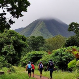 Caribbean Holidays, Martinique Adventure, Hikers walking beneath lush tropical rainforest on Mount Pel&eacute;e in Martinique, with misty volcanic slopes and dramatic green scenery